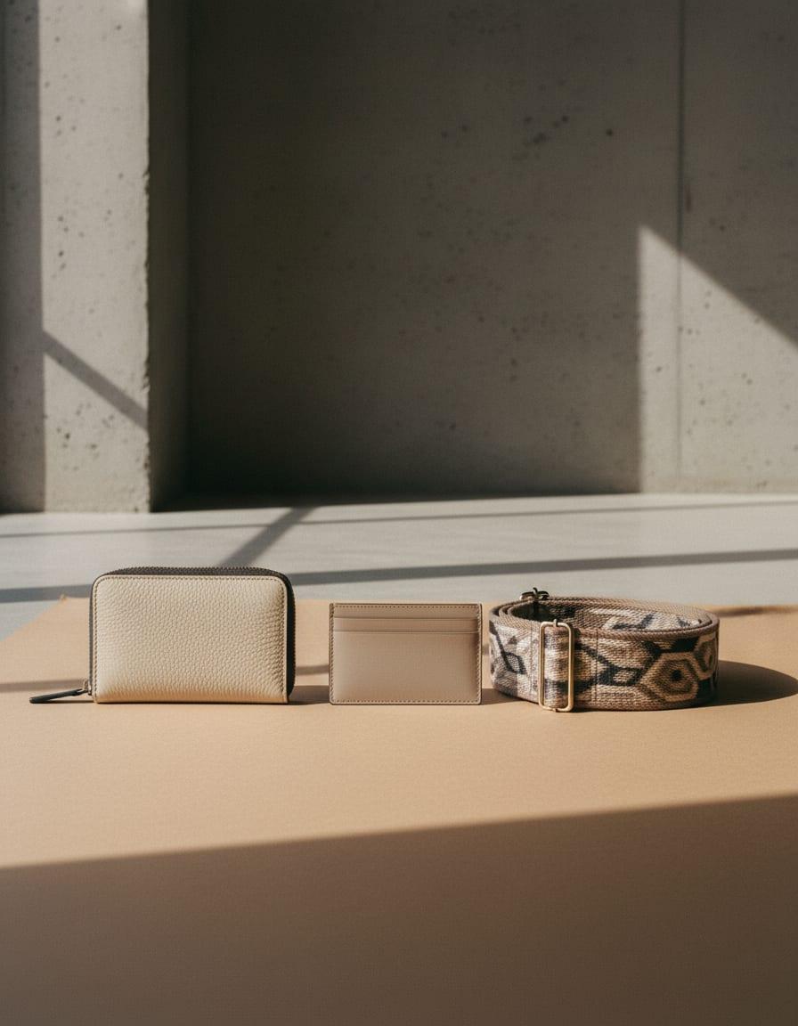 A zip wallet, card holder and woven strap laid out in a row