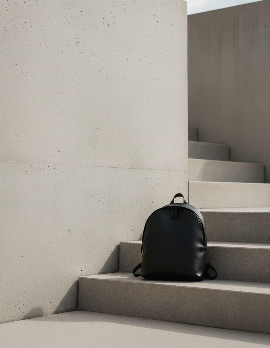 A leather backpack propped against a concrete stair