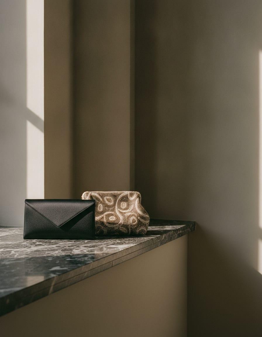 An envelope clutch and a beaded pouch arranged on a dark marble ledge