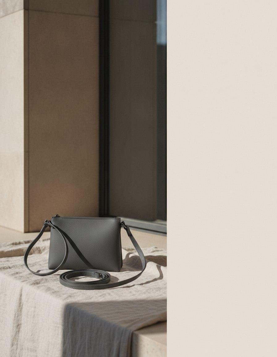 A small crossbody bag on a long strap laid across a linen surface