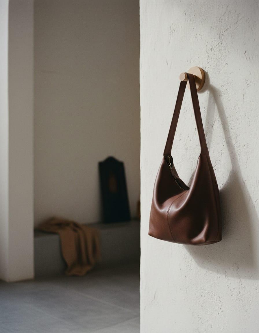 A soft leather shoulder bag hanging from a wooden peg rail