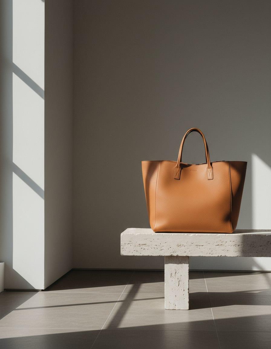 A structured leather tote resting on a pale stone bench in daylight