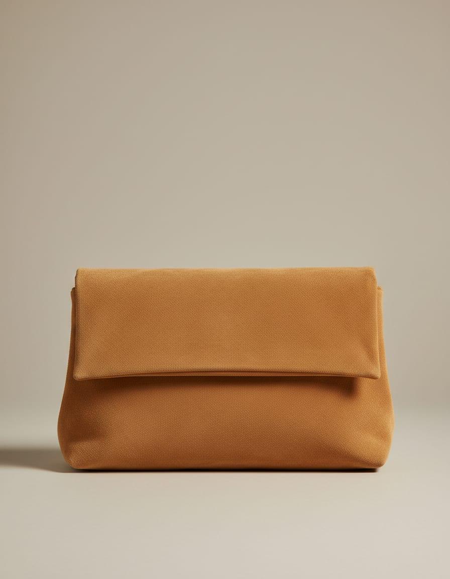 Hollis Foldover Clutch, front view on a studio backdrop