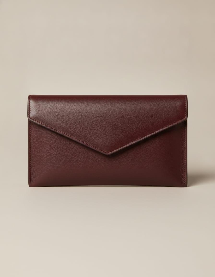 Rhea Envelope Clutch, front view on a studio backdrop