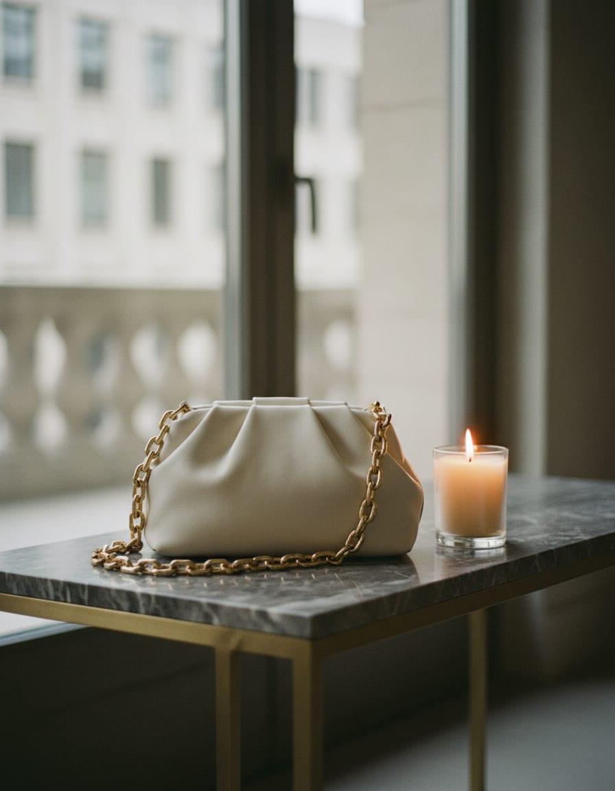 Thea Pleated Chain Shoulder Bag photographed in use