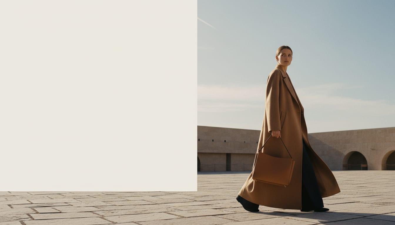 A woman carrying a structured leather tote across a sunlit plaza