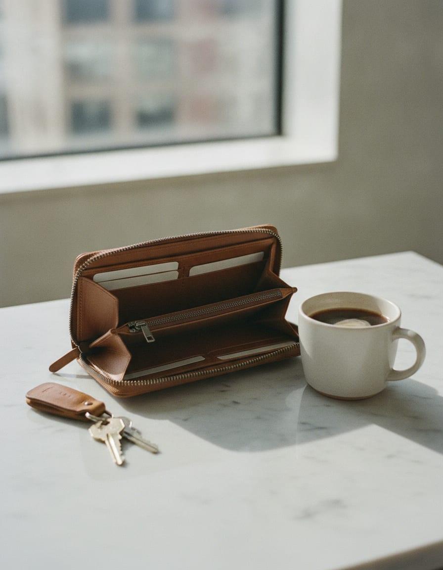 Ellis Zip-Around Wallet photographed in use