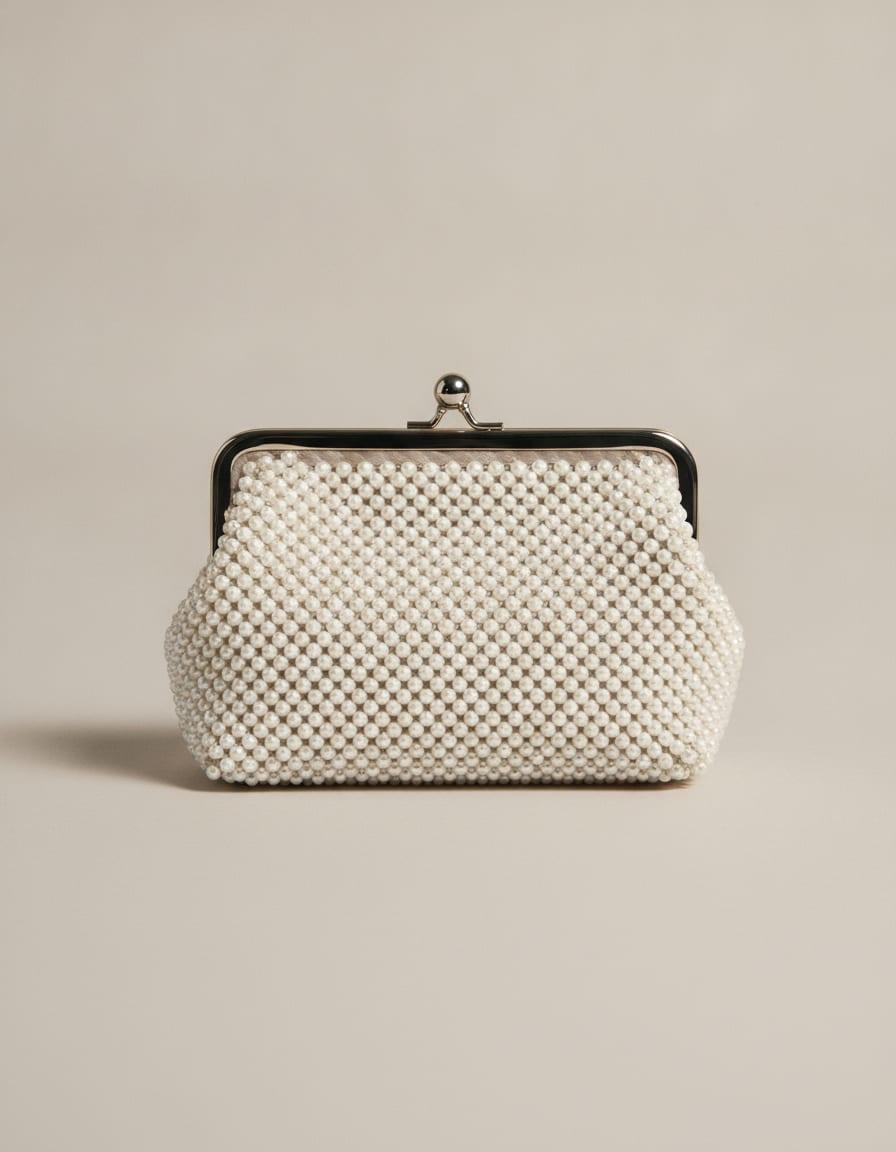 Marisol Beaded Pouch, front view on a studio backdrop