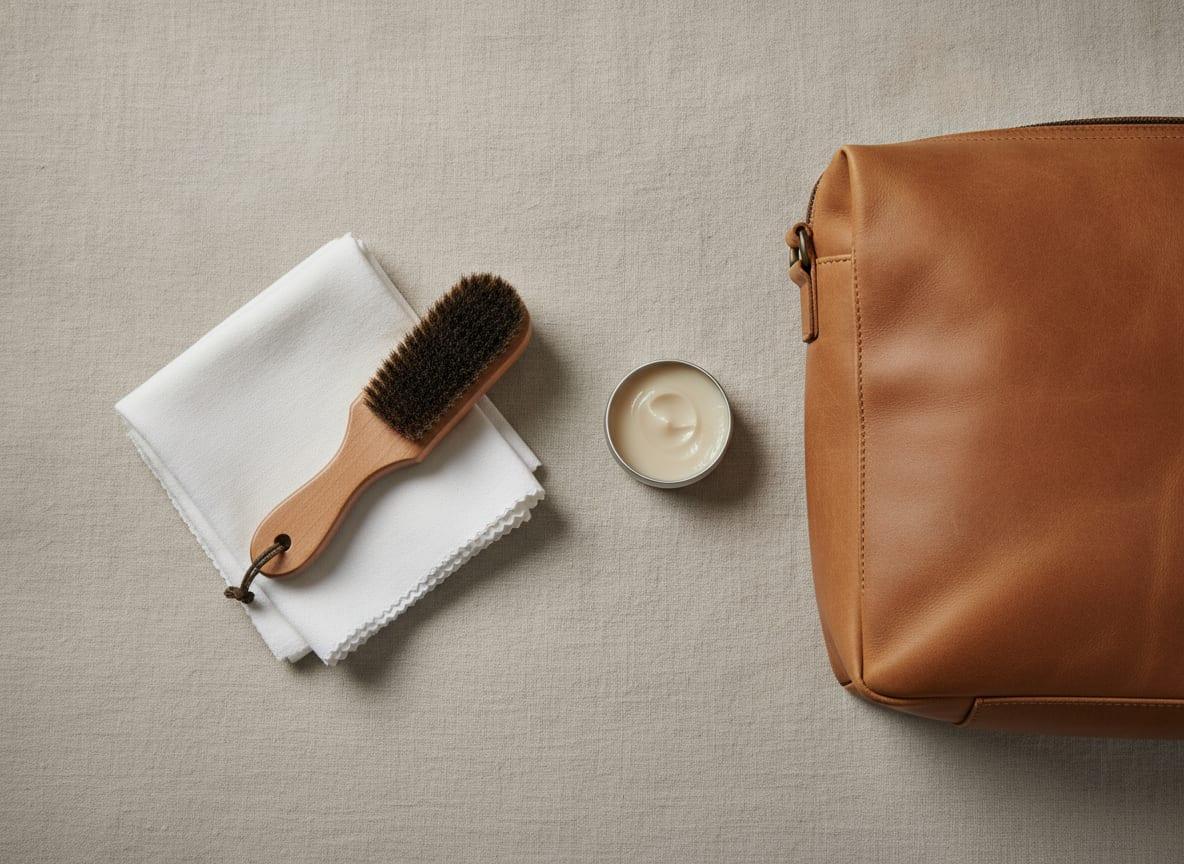 A cloth, brush and tin of leather cream beside a bag