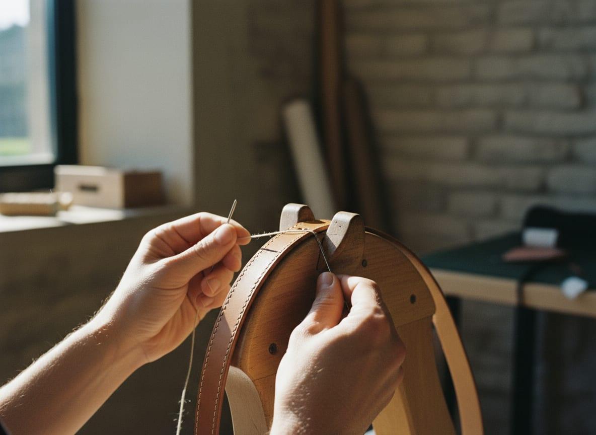 Hands stitching a leather strap at a repair bench